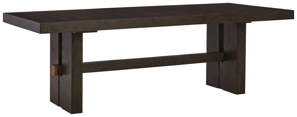 Dressed to thrill, this simply stunning dining table offers a high-design look at a down-to-earth price. Ultra sleek lines are accentuated with a dark waxy brown oak-tone finish thatâ€™s so easy on the eyes. Clean-lined and modern, the double pedestal bas