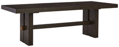 Dressed to thrill, this simply stunning dining table offers a high-design look at a down-to-earth price. Ultra sleek lines are accentuated with a dark waxy brown oak-tone finish thatâ€™s so easy on the eyes. Clean-lined and modern, the double pedestal bas