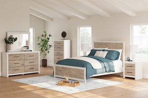 Two toned with a matte white finish and a dry, light finish with replicated oak grain and authentic touch. Cases feature a framed front and pilasters. Contemporary handles in an antiqued gunmetal finish. Side roller glides for smooth operating drawers. Dr