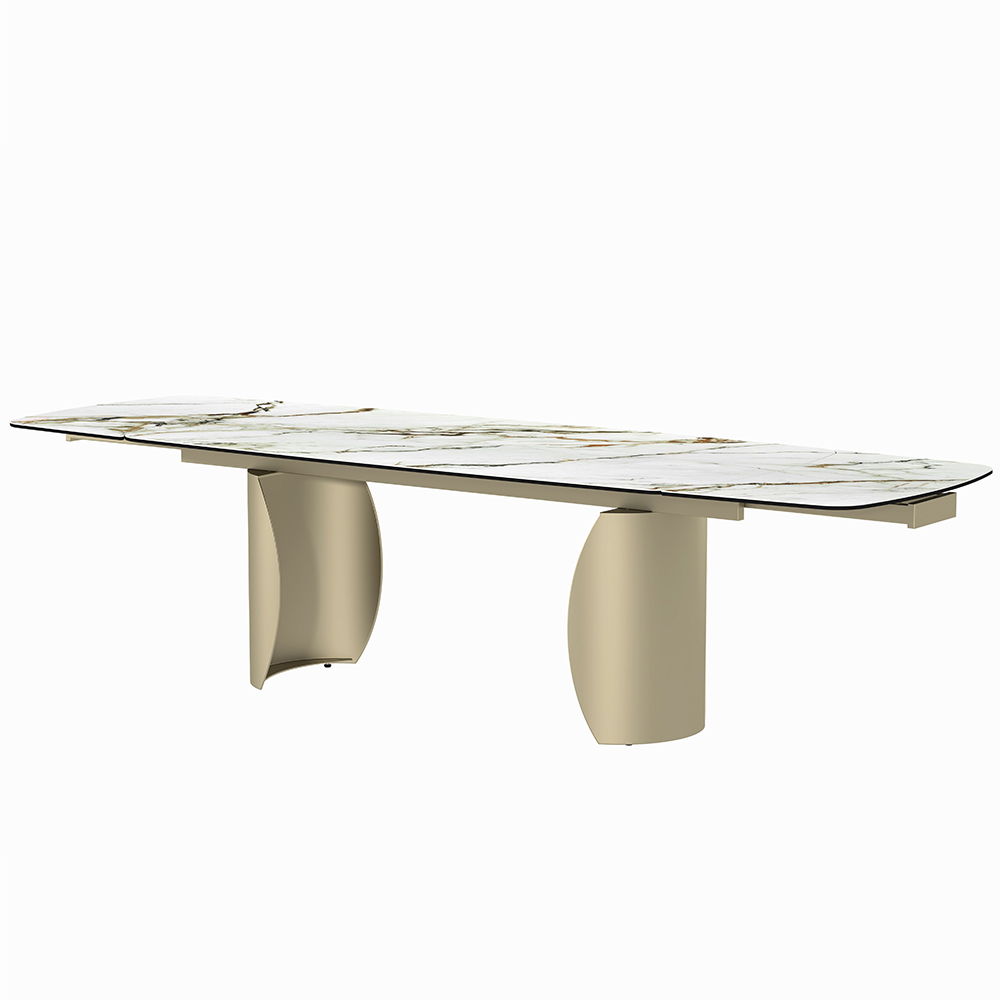 The Cora dining set with its luxurious golden champagne finish, exudes modern elegance. The sleek marble top paired with its stylish pedestal base creates a stunning focal point for any dining room. Perfect for hosting intimate dinners or festive gatherin