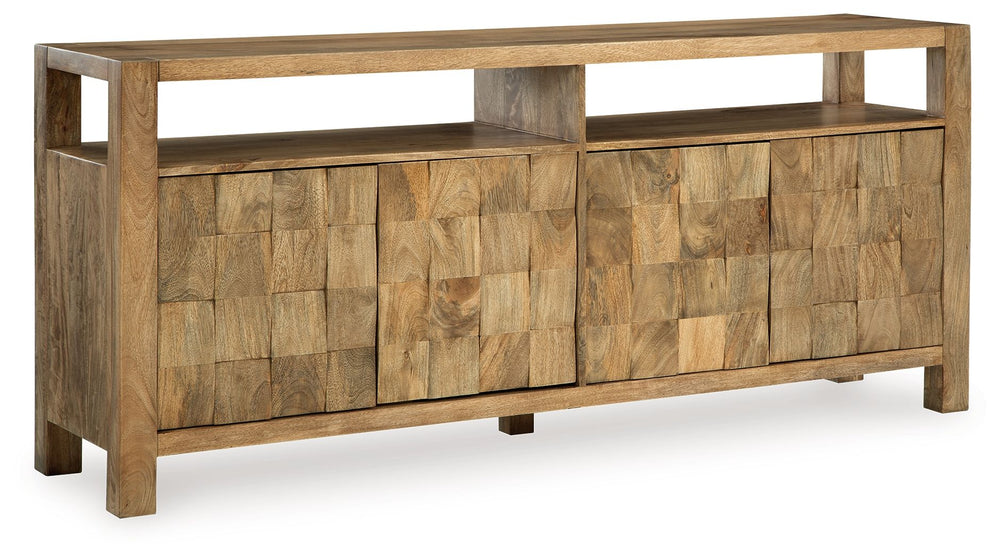 How many squares do you see? Theyâ€™re laid out in casually cool style on this accent cabinet. The block-patterned door fronts and natural brown finish add dimension and a laid-back aesthetic to your storage needs. Look behind the push magnet doors for tw