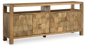 How many squares do you see? Theyâ€™re laid out in casually cool style on this accent cabinet. The block-patterned door fronts and natural brown finish add dimension and a laid-back aesthetic to your storage needs. Look behind the push magnet doors for tw