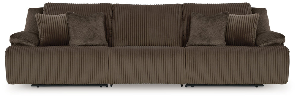Experience unparalleled comfort with this reclining sectional sofa. Itâ€™s a stylish and invitingly soft lookâ€”made all the more appealing by cozy corduroy cushions that feel great and add a touch of texture. The rich chocolate brown upholstery effortles