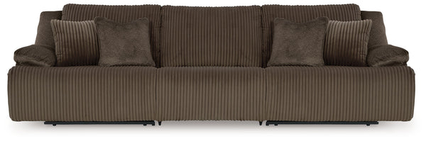 Experience unparalleled comfort with this reclining sectional sofa. Itâ€™s a stylish and invitingly soft lookâ€”made all the more appealing by cozy corduroy cushions that feel great and add a touch of texture. The rich chocolate brown upholstery effortles
