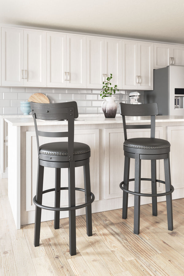  table or counter with this upholstered swivel bar stool. The sturdy wood frame with contoured backrest is beautified with an antiqued black finish thatâ€™s a welcome change from the everyday ordinary. For your co