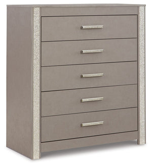 Love sleek and bold contemporary style? Drink in the beauty of this chest of drawers. Its eye-catching details include glam glitter accents and the look of leather grain with a subtle gray finish. Large-scale linear handles, in a sophisticated champagne c