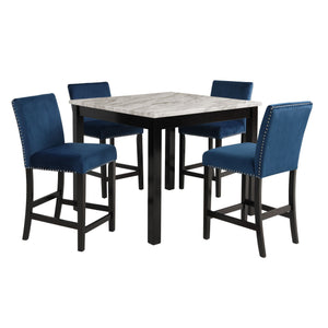 The Celeste 5-Piece Counter Height Dining Set is a perfect blend of contemporary glamour and timeless functionality. This set includes a 42-inch square counter height dining table with an espresso base and a faux marble top featuring white with gray veini