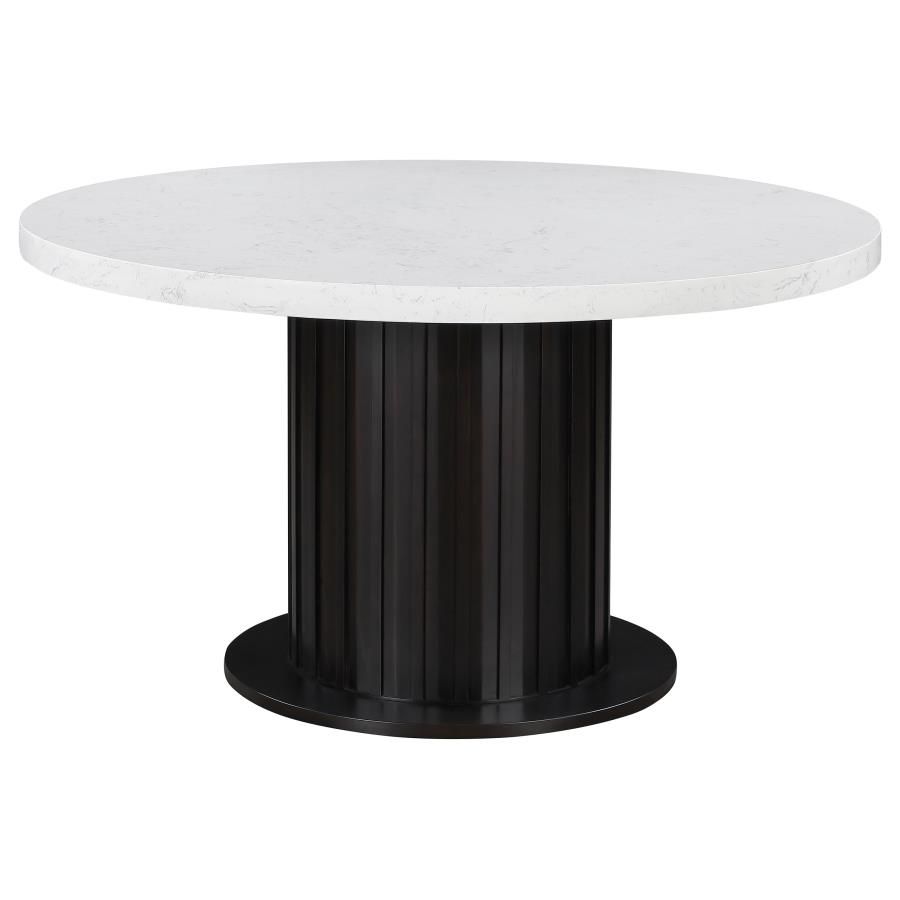 Transform a contemporary dining room with this modern, round dining table, designed with a lustrous, white, cultured marble, table top and a rustic espresso finished pedestal base for a contrasting look. Spacious enough to seat four people comfortably, th