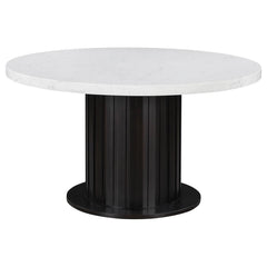 Transform a contemporary dining room with this modern, round dining table, designed with a lustrous, white, cultured marble, table top and a rustic espresso finished pedestal base for a contrasting look. Spacious enough to seat four people comfortably, th