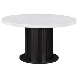 Transform a contemporary dining room with this modern, round dining table, designed with a lustrous, white, cultured marble, table top and a rustic espresso finished pedestal base for a contrasting look. Spacious enough to seat four people comfortably, th