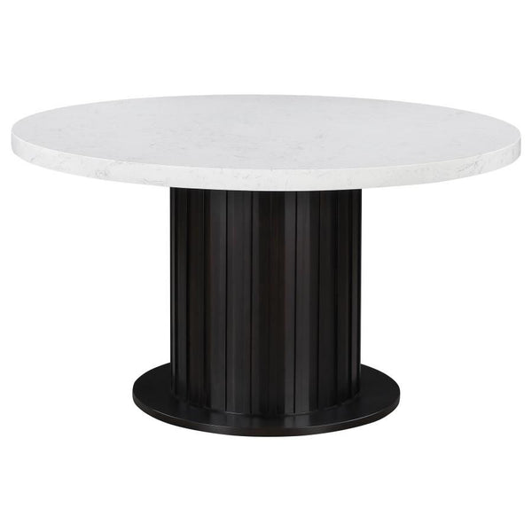 Transform a contemporary dining room with this modern, round dining table, designed with a lustrous, white, cultured marble, table top and a rustic espresso finished pedestal base for a contrasting look. Spacious enough to seat four people comfortably, th