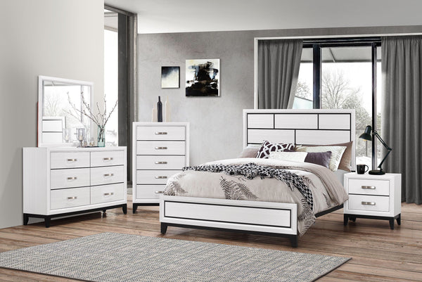  straight lines and subtle details give it a modern edge. The bed features a paneled headboard that makes a statement without overwhe