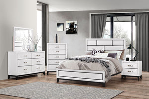 This contemporary bedroom set presents a crisp, clean look with its white finish and contrasting dark accents. The simple, straight lines and subtle details give it a modern edge. The bed features a paneled headboard that makes a statement without overwhe