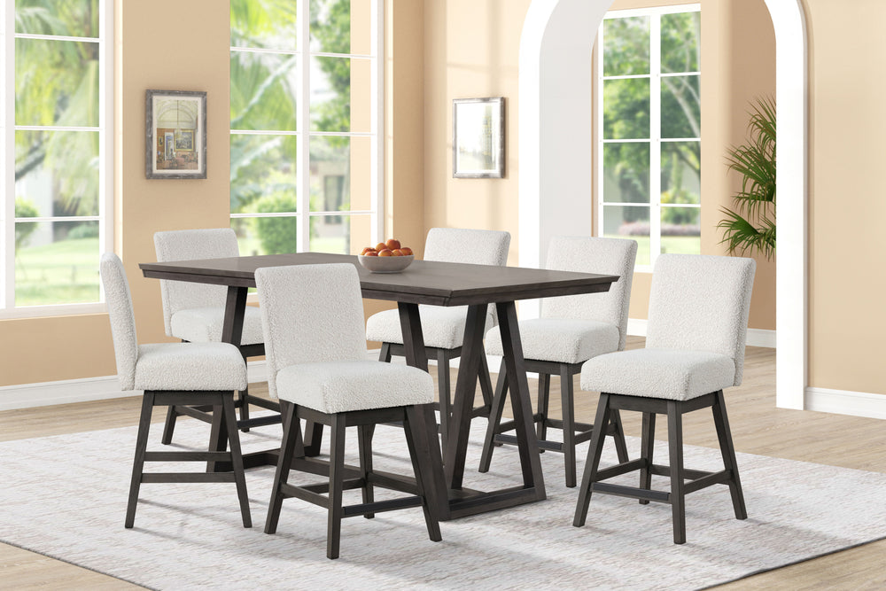The High Line 7 Piece Counter Dining Set with Swivel Stools combines style, durability, and comfort. This set includes a counter-height trestle table and six white swivel counter chairs, offering both functionality and a modern look. Crafted from solid Ac