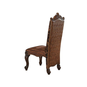 KD, Armless Chair Padded SEAT & BACK Cushion, Nailhead Trim BACKREST (Without Button): Scrolled Crown, Floral Fabric Inside and Vintage 2-Tone Brown PU Outside SEAT: Striped Fabric & Scalloped Apron Wooden Cabriole Legs w/Scrolled Motifs (Poly Resin with 