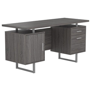 Chic and modern, this wooden writing desk creates a gorgeous focal point in any home office. Sleek lines of silver finish metal create a sturdy foundation for its stylish design. A rectangular, floating tabletop adds visual intrigue to its clean silhouett