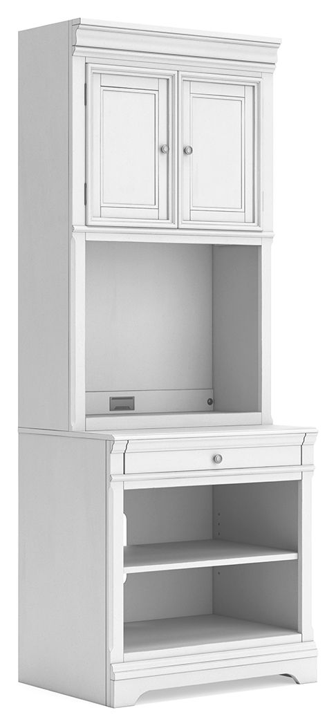 Make a style statement with this home office bookcase. Its traditional design is updated with an on-trend distressed whitewash finish. A hutch with LED underlighting shines a light on those elusive reading glasses and other desktop items. The bookshelf, d