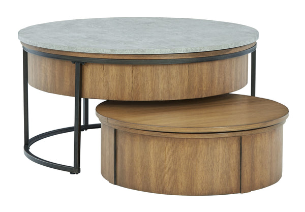Beautiful to behold, this nesting coffee table set is loaded with style. Featuring an urban contemporary profile, the coffee table features a suspended drum design and a durable faux cement MEGA-TUFFÂ® melamine lift top with hidden storage. Equipped with 