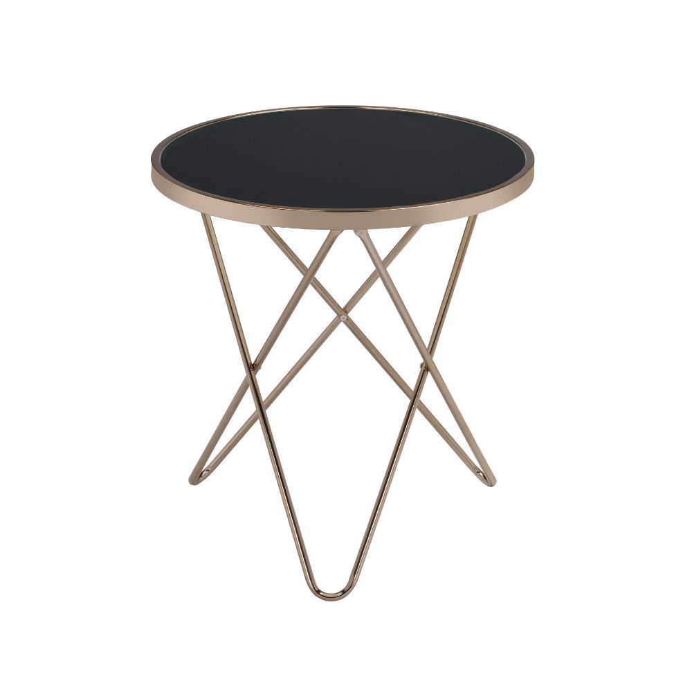Update your living room with a functional art piece. The Valora end table uses a mid-century inspired base finished in champagne and supports a framed black glass top. The finish and black glass make for a sophisticated look.<br/><br/><b>Product Features<