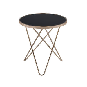 Update your living room with a functional art piece. The Valora end table uses a mid-century inspired base finished in champagne and supports a framed black glass top. The finish and black glass make for a sophisticated look.<br/><br/><b>Product Features<