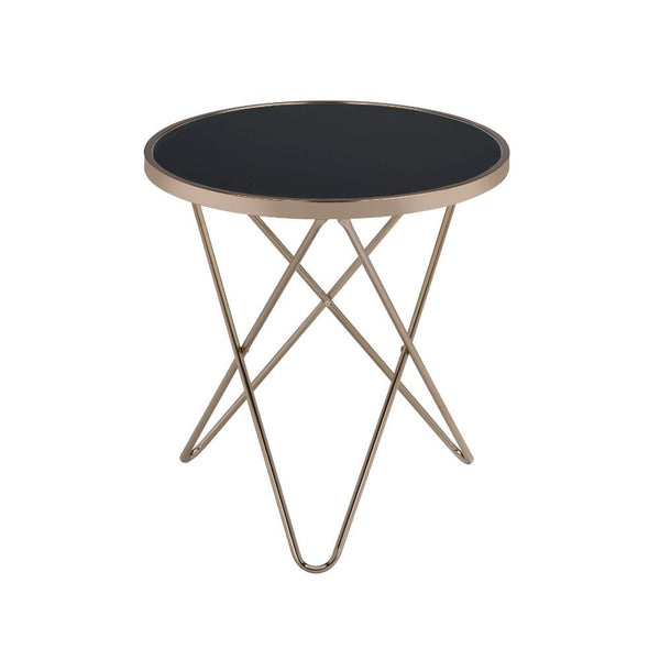 Update your living room with a functional art piece. The Valora end table uses a mid-century inspired base finished in champagne and supports a framed black glass top. The finish and black glass make for a sophisticated look.<br/><br/><b>Product Features<