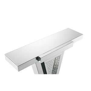  Clear Glass with Faux Crystal Inlay (Back Unfinished) Orientation: Free Standing NO Storage (Pedestal Base) CONSTRUCTION Top & Apron: Mirror