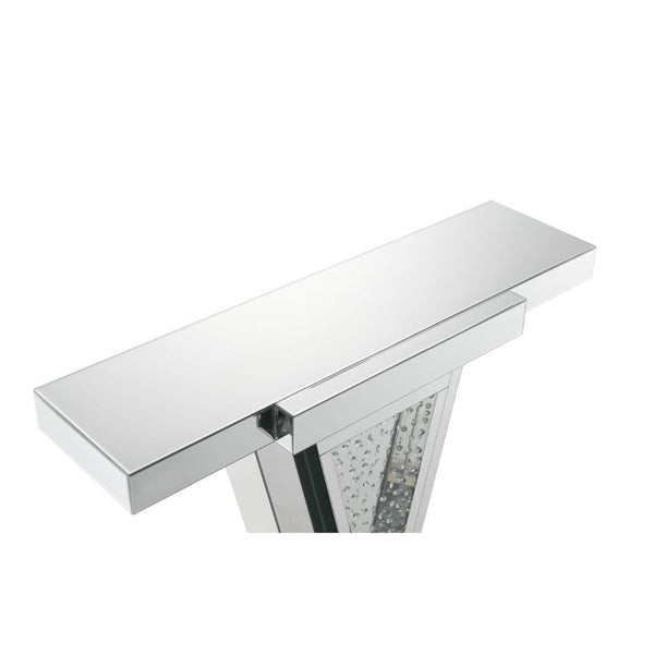  Clear Glass with Faux Crystal Inlay (Back Unfinished) Orientation: Free Standing NO Storage (Pedestal Base) CONSTRUCTION Top & Apron: Mirror