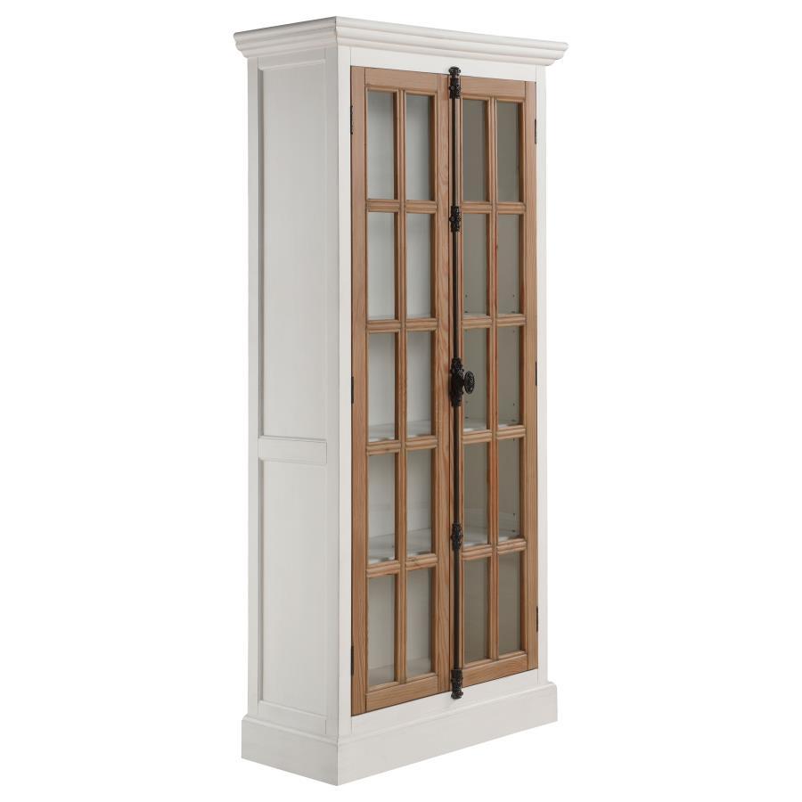 Put cherished memories and mementos on full display. This curio cabinet offers a stylish space to show off photos, art sculptures, and more. With an antique white finish and contrasting, natural wood accents, it has a pleasingly rustic look. Clear, window