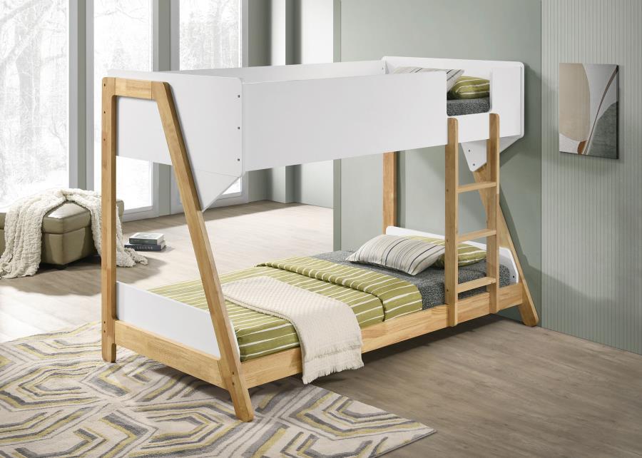 Stylish wood construction and a two-tone design highlight this modern twin bunk bed set. Perfect for a kid-'s bedroom, it offers two twin beds while saving floor space for playing. The bed features an angular frame and a natural wood finish, with white ac
