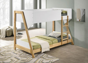  it offers two twin beds while saving floor space for playing. The bed features an angular frame and a natural wood finish