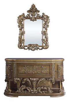 The grand Baroque style of the Constantine collection is sure to impress. With a beautiful bronze finish to emphasize the scrollwork and regal aspects of the collection. The bed features intricately carved embellishments and an oversized PU padded headboa