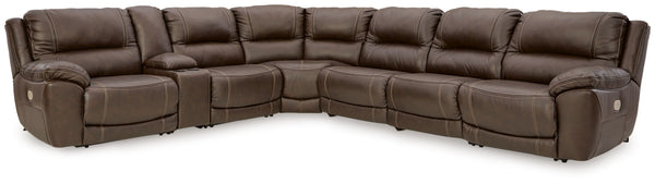 Load up on comfort in a cool, clean-lined and contemporary way with this power reclining sectional in chocolate brown. Rest assured, the expertly matched leather and faux leather upholstery is enriched with a pebble grain effect for authentic appeal and e