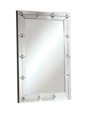 The Hessa wall mirror is sure to be focal point in any room. This beautiful wall mirror features a framed mirror with perfectly spaced diamond shaped mirror insets. This mirror is sure to stand out and brighten any room in your home.<br/><br/><b>Product F