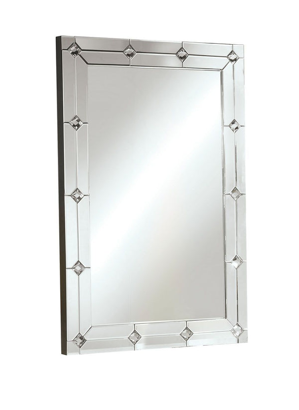 The Hessa wall mirror is sure to be focal point in any room. This beautiful wall mirror features a framed mirror with perfectly spaced diamond shaped mirror insets. This mirror is sure to stand out and brighten any room in your home.<br/><br/><b>Product F