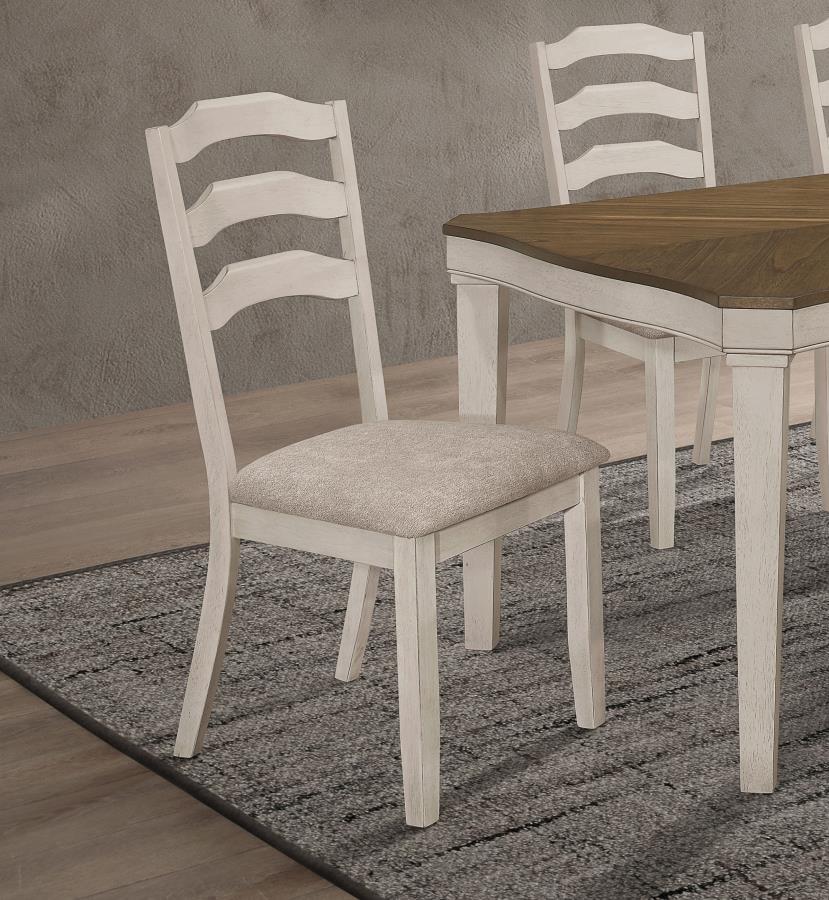 Enhance the cozy atmosphere of your dining space with our modern farmhouse and coastal cottage dining side chairs. These ladder back chairs exude a charming rustic appeal with their distressed cream finish on the legs and back. The khaki polyester fabric 