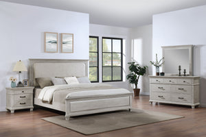 The Silver Sands 4 Piece Wood Bedroom Set in Gray offers a harmonious blend of durability and style, perfect for any bedroom. This set includes an upholstered panel bed, a dresser, a mirror, and a nightstand. Each piece is crafted from solid pine, manufac
