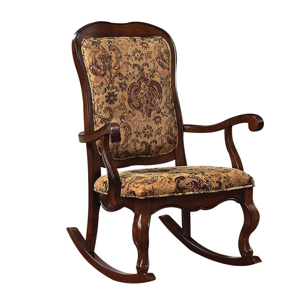 The Sharan rocking chair features a French provincial style with scalloped apron, cabriole front legs, expertly crafted in rich cherry finish and floral pattern fabric cushions. Its elegant appearance will add charm to any household.<br/><br/><b>Product F
