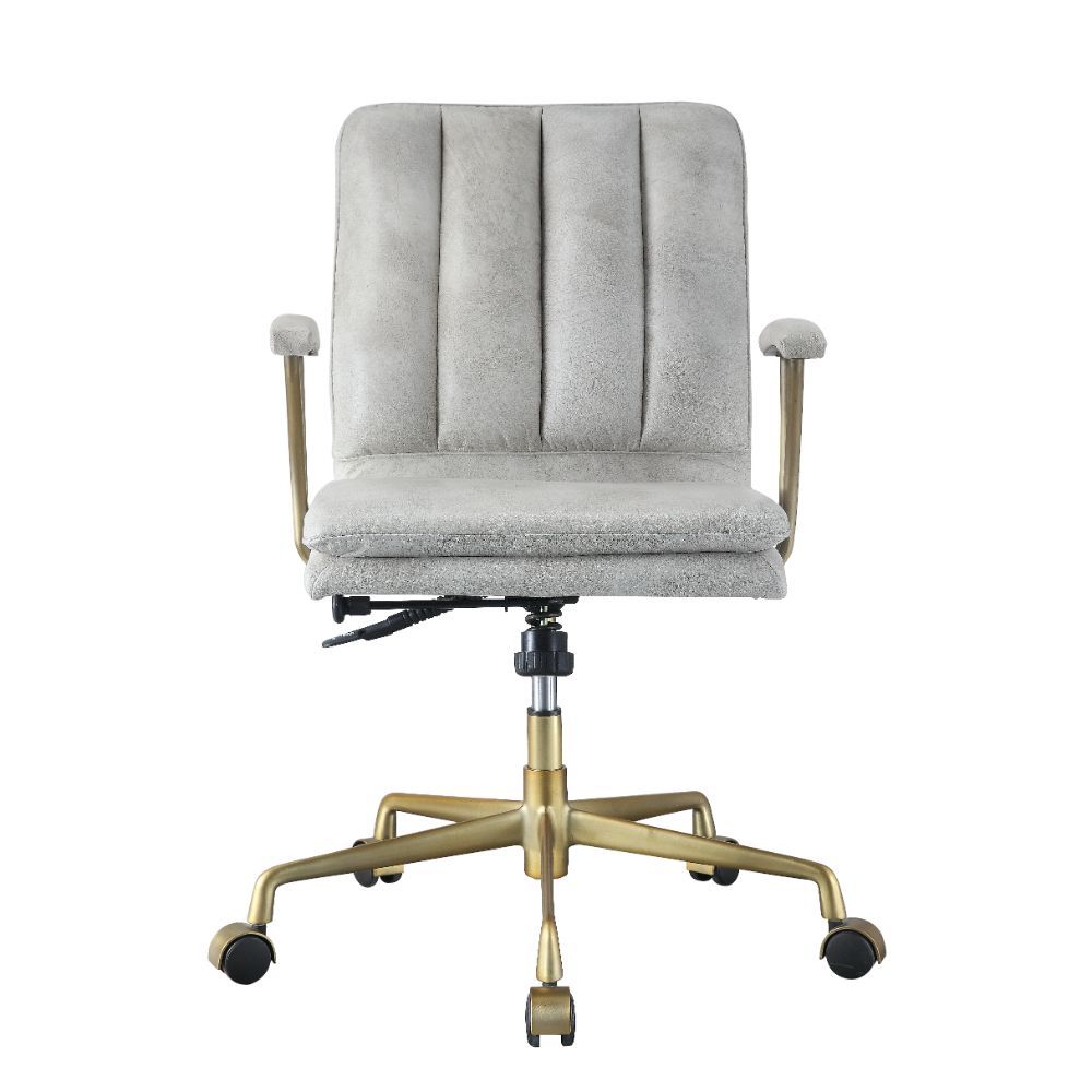 Furnish your office with the Damir high back office chair. This rolling swivel chair has fully adjustable lift height with exceptional lumbar support, and features luxurious top grain upholstery in vintage white with decorative vertical stitching, all bea
