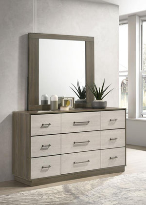  blending contemporary style with functional design. The nine-drawer dresser offers ample storage