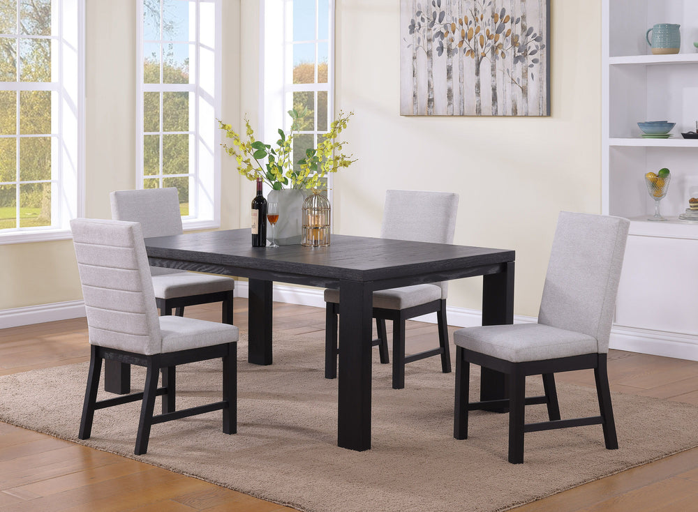 Introducing a minimalist dining ensemble with a touch of modern flair. The deep-toned wood finish of the table complements the structured lines, while the lightly cushioned chairs and bench provide both style and comfort. Crafted for durability, the reinf