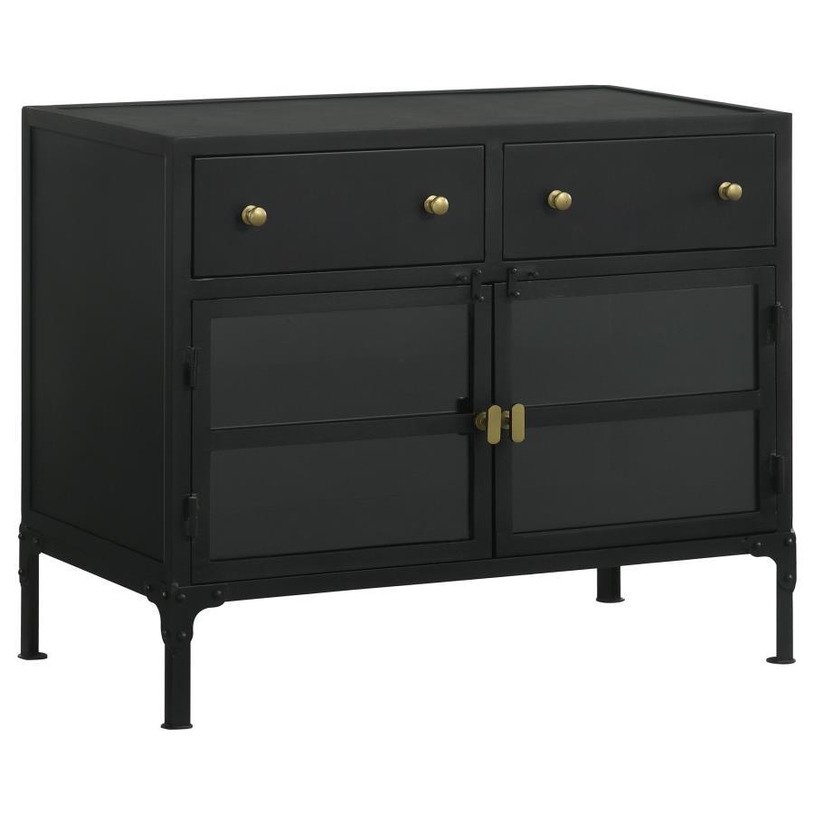 This industrial style metal cabinet offers ample storage space and a bold look in a space. With its matte black finish and accents of antique brass finished hardware, the cabinet offers a subtle contrast while exhibiting style and grace. With its tall des