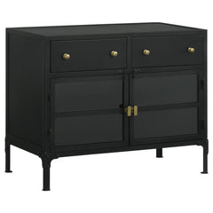 This industrial style metal cabinet offers ample storage space and a bold look in a space. With its matte black finish and accents of antique brass finished hardware, the cabinet offers a subtle contrast while exhibiting style and grace. With its tall des