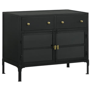 This industrial style metal cabinet offers ample storage space and a bold look in a space. With its matte black finish and accents of antique brass finished hardware, the cabinet offers a subtle contrast while exhibiting style and grace. With its tall des