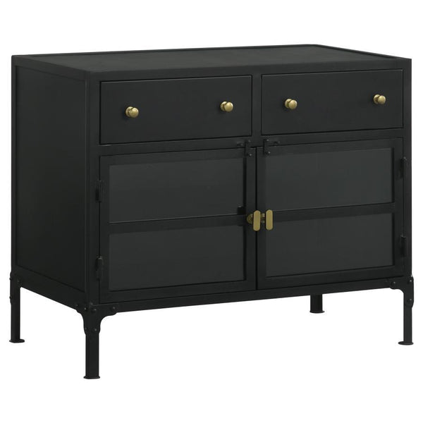 This industrial style metal cabinet offers ample storage space and a bold look in a space. With its matte black finish and accents of antique brass finished hardware, the cabinet offers a subtle contrast while exhibiting style and grace. With its tall des