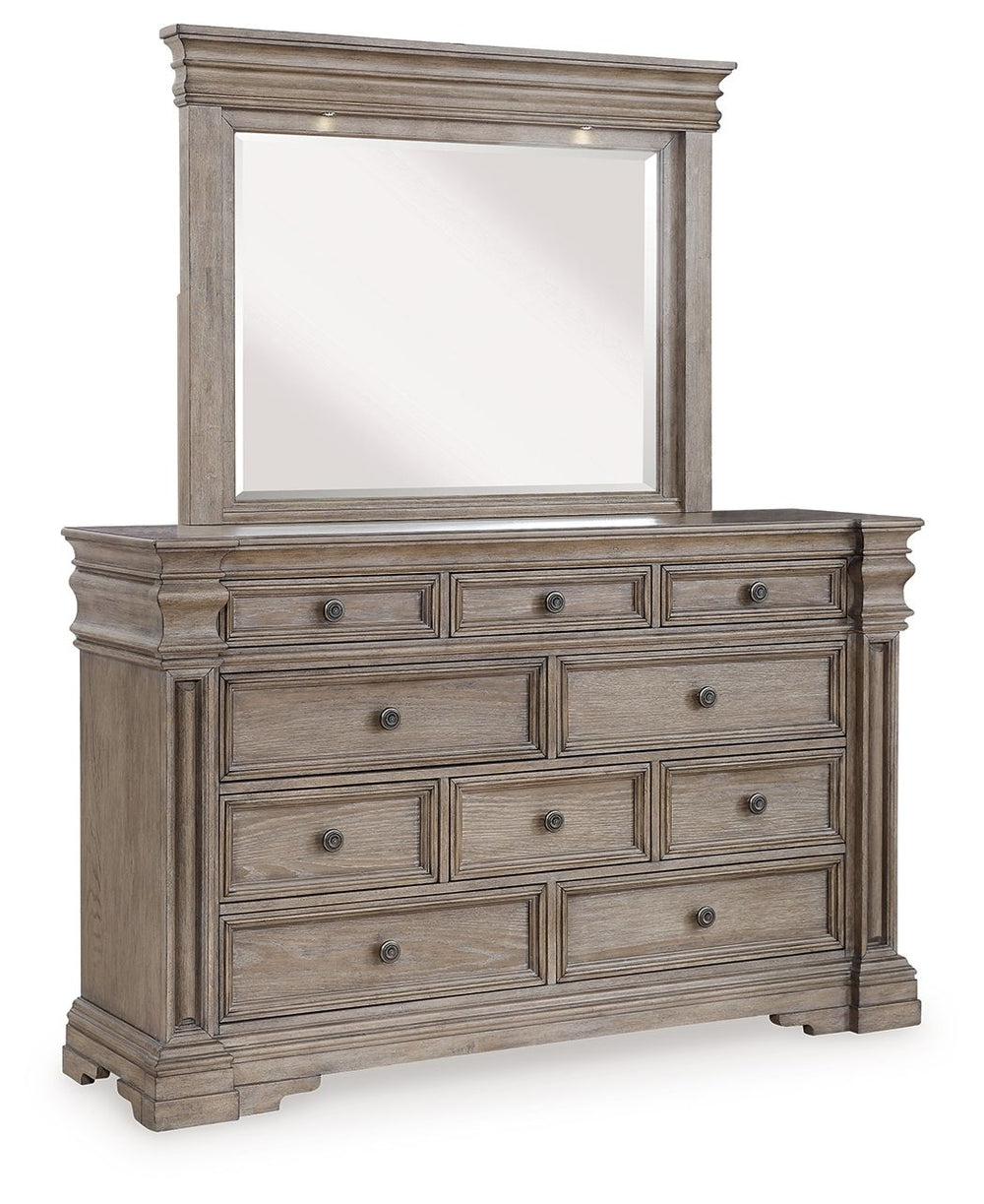 Discover something exceptional in this dresser with mirror. Its impressive silhouette offers a casual traditional aesthetic, embodied by classic-inspired profiles and a relaxed grayish brown finish. Inset framed drawers of various sizes are casually cool 