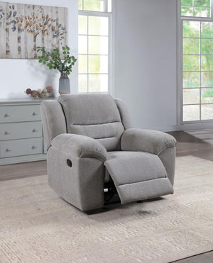  this recliner offers a plush and inviting feel. The manual recline feature allow