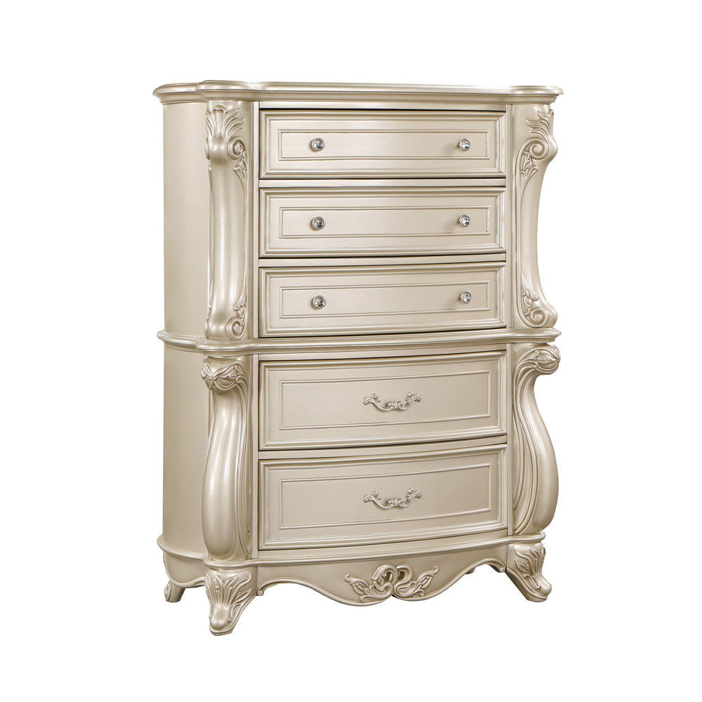The Monique 5 Drawer Chest in Champagne combines heirloom quality construction with French Provincial elegance. Crafted from poplar solids and birch veneers, this chest offers enduring strength and durability. Its design reflects the charm of French count