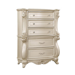 The Monique 5 Drawer Chest in Champagne combines heirloom quality construction with French Provincial elegance. Crafted from poplar solids and birch veneers, this chest offers enduring strength and durability. Its design reflects the charm of French count