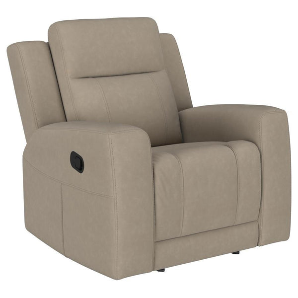  the recliner features matte suede-like upholstery in a neutral hue. Its clean lines and track arms blen