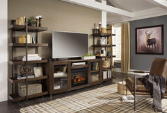 For fans of urban industrial design, this 3-piece entertainment center with infrared fireplace insert clearly steals the show. Its blend of acacia veneer and wood is beautified with an oiled walnut-tone finish for a highly contemporary aesthetic with grai